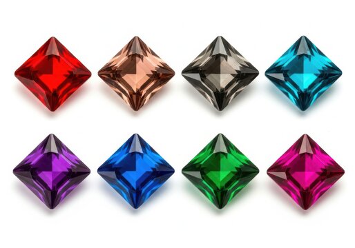 A collection of colorful diamond-shaped gemstones on a white background