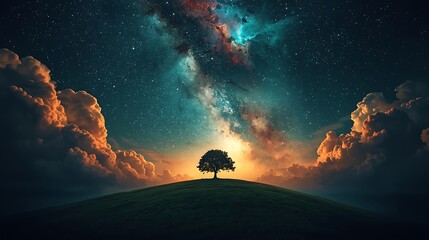 Fototapeta premium Cinematic Fantasy Landscape with Lone Tree Storm Clouds and Milky Way Galaxy Sky