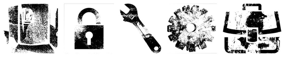 Obraz premium Vector with distressed texture padlock, wrench, cogwheel, briefcase. Industrial, tech, security, business themes. halftone effect.