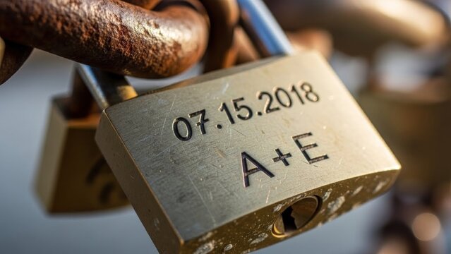A close-up of a shiny metal padlock with engraved date and initials on a rusty chain