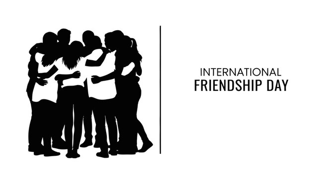 Silhouette of a group of friends standing in a circle hugging together for International Friendship Day.