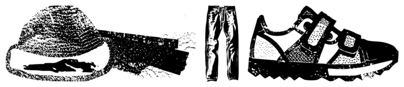 Classic gear including pith helmet, cargo pants, and strap sandals, rendered in halftone vector art, outdoor attire, adventure outfit.