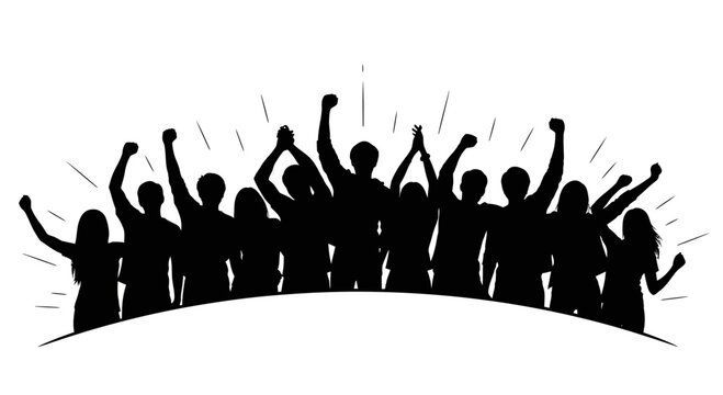 Silhouette of a cheering crowd of people celebrating success.