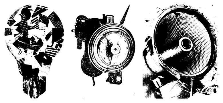 Retro analog devices broken into abstract geometric pieces, halftone shading, vector illustration, isolated technical artifacts, mechanical fragments.