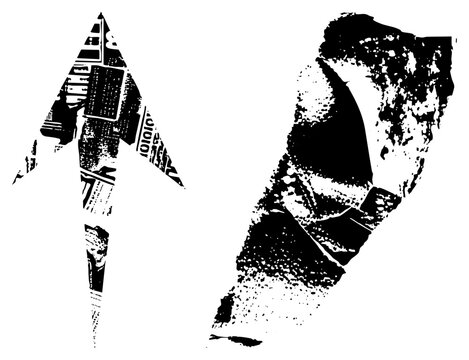 Abstract upward arrow and hand silhouette using newspaper print texture, vector glyph symbols, design, digital illustration, isolated foreground elements.