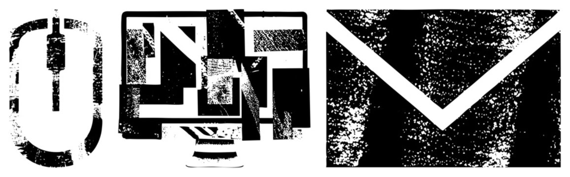Distressed black and white digital computer mouse, monitor, envelope. Retro pixelated texture, glitch art style, tech symbols, vector cutout.