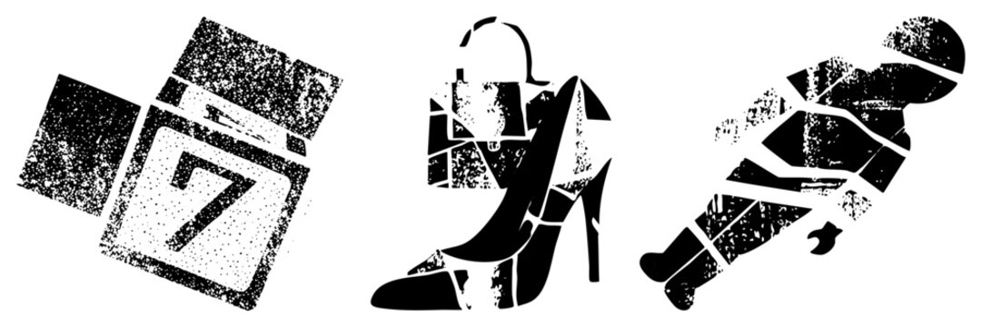 Distressed black vector calendar with number 7, stiletto heel, hockey player in action all in halftone texture, isolated silhouette design.