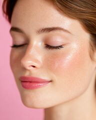 Fototapeta premium Close-up of a serene beauty portrait.real skin from minimal beauty routine Close-up of a woman's beautifully glowing skin