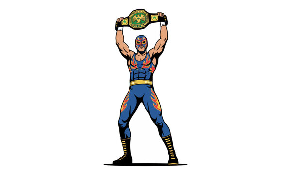 Masked Lucha Libre Wrestler Holding Championship Belt Illustration