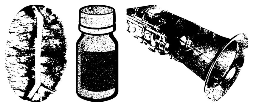 Halftone vector illustration of medical syringe, medicine bottle, and saxophone, isolated on transparent background, stylized with grainy texture and bold.