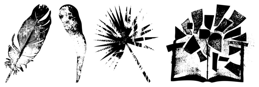 Stylized black and white vector featuring feather, seed pod, starburst, and open book with distressed textures, grunge aesthetic, graphic design elements.