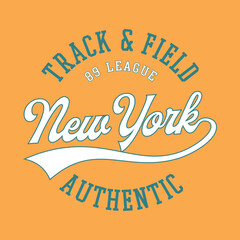 New York Track & Field Athletic Typography. Vintage Varsity Style Design with Script Lettering and 89 League Badge on Yellow Background. Retro Sports Apparel Graphic. © gorgang