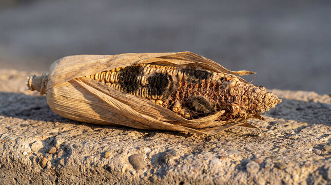 Rotten corn on the cob with mold and fungus growing on it sitting on a rock outdoors in nature
