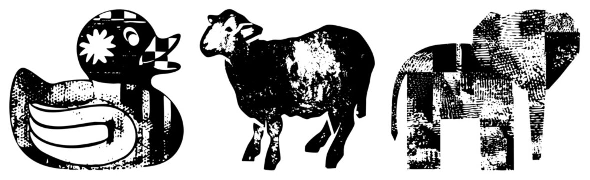 Graphic animals rendered in halftone, duck with head, sheep in textured silhouette, elephant in blocky print, vector art, isolated foreground.