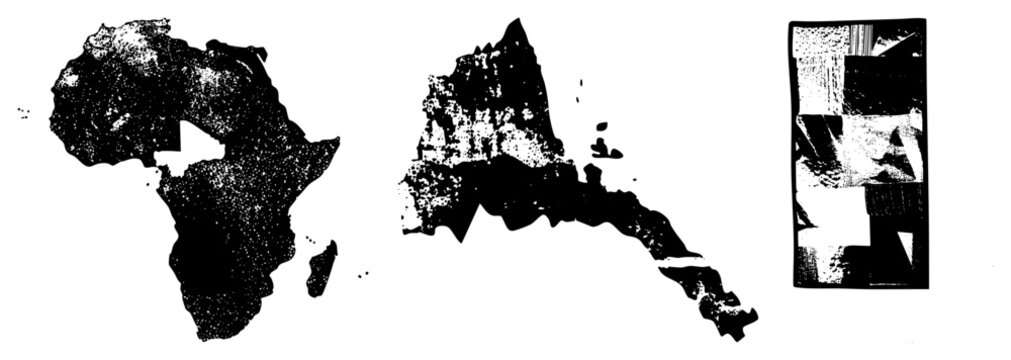 Stylized continent using halftone dot, graphic map art, vector silhouette, fragmented geography, design, isolated landmasses.