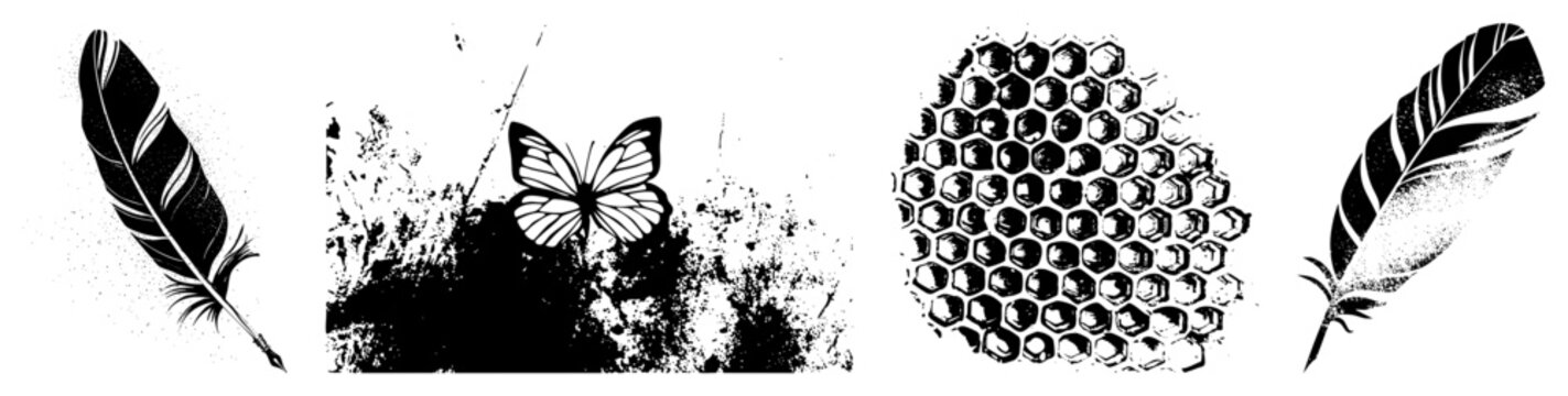 Graphic of feather, butterfly, and honeycomb in, stylized vector art, isolated design elements, halftone texture, nature motifs, minimalist aesthetic.