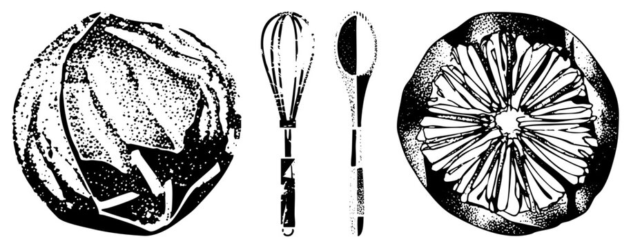 Retro style halftone print showing citrus section, whisk, and spoon, classic kitchen tools, food illustration, design, dotted shading technique.