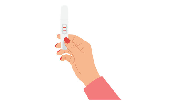 Hand holding positive pregnancy test kit isolated on white