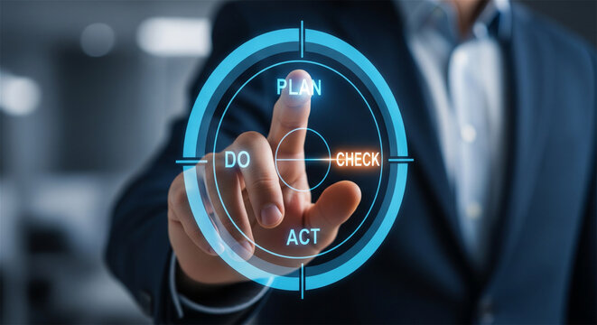 PDCA cycle business management concept, businessman touching plan do check act virtual interface, quality control and process improvement strategy