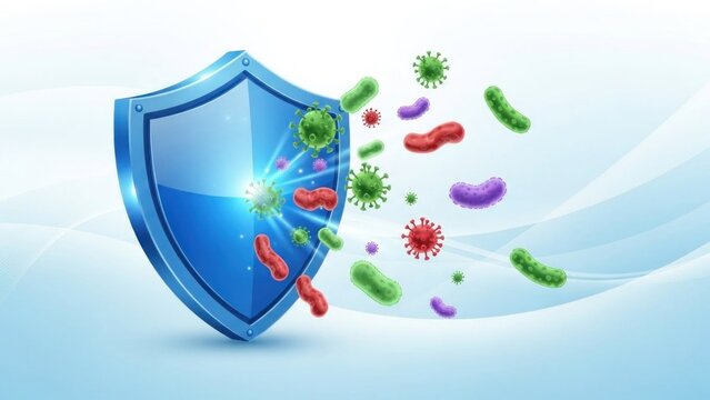 A blue shield emits light, repelling various colorful viruses and bacteria