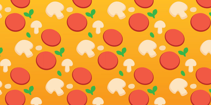 Background illustration of pizza design and toppings. Meat and mushroom pizza pattern texture motif