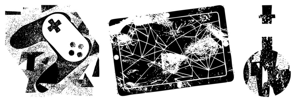 Stylized gaming with distressed textures, digital device with shattered glass effect, classic gear, vector, pixel art aesthetic, black and white graphic elements.