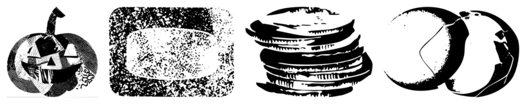 Vector halftone illustrations of a jack o lantern, textured plate, pancake stack, and sushi rolls, all in black and white with bold and dot.