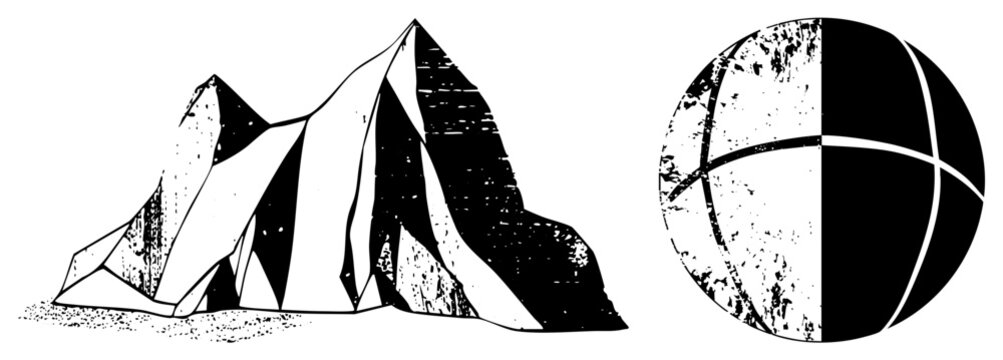 Abstract mountain range with sharp peaks and halftone texture, paired with segmented globe. Vector illustration with distressed grain effect. Ideal for graphic design or UI elements.