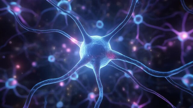 Abstract illustration of glowing interconnected neurons in a neural network, depicting the complexity of the human brain and nervous system with vibrant purple and blue energy