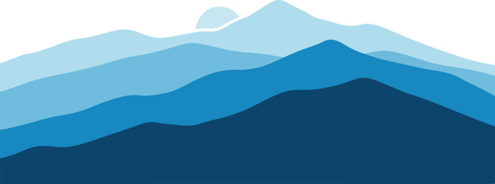 Abstract layered mountains with a soft sun silhouette in a cool blue color palette