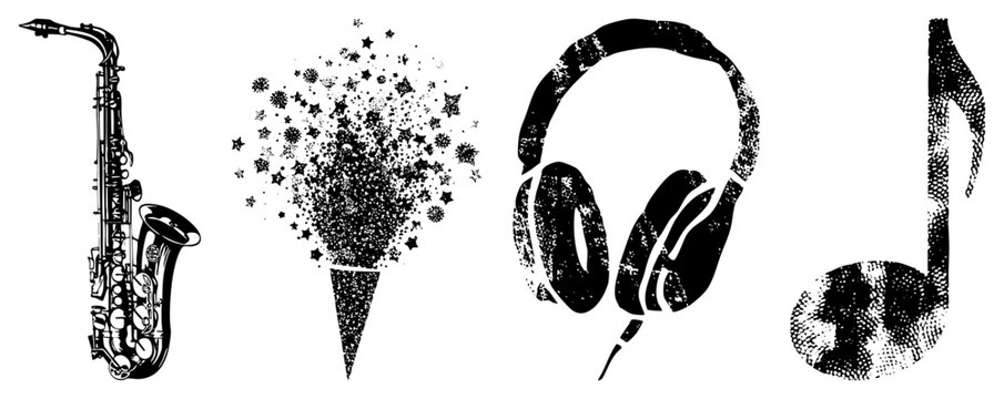 Saxophone, starburst, headphones, and musical note rendered in halftone style, graphic, equipment, music, vector art.