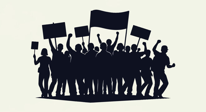 Silhouetted crowd holding signs and a flag, protesting together