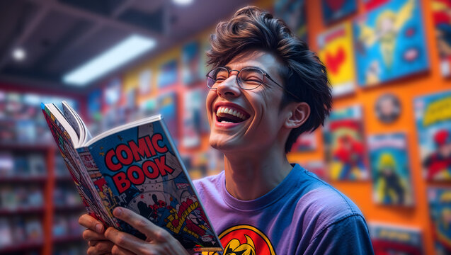 Man laughing in a comic book shop holding a new release with vibrant superhero covers and collectibles in the background generative AI