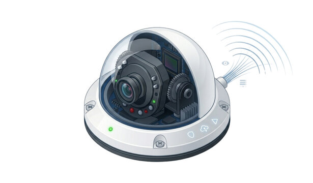 Dome security CCTV camera with monitoring signal vector illustration isolated on white background for surveillance concept