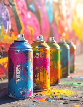 A Row of Colorful Graffiti Spray Paint Cans on a Textured Surface.
