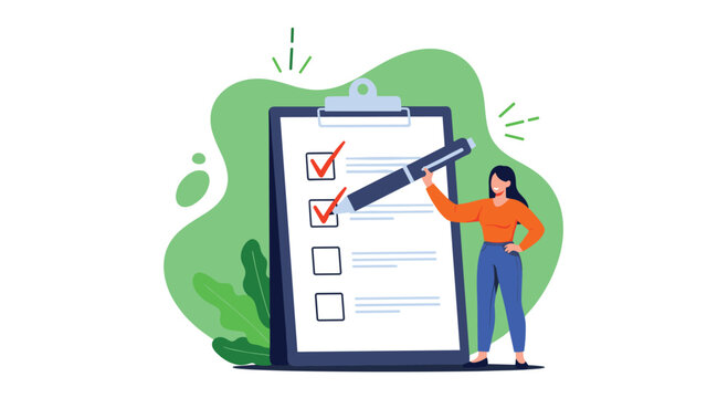 Woman with a giant pen marking checkboxes on a large clipboard, symbolizing task completion, efficient management, and successful planning.