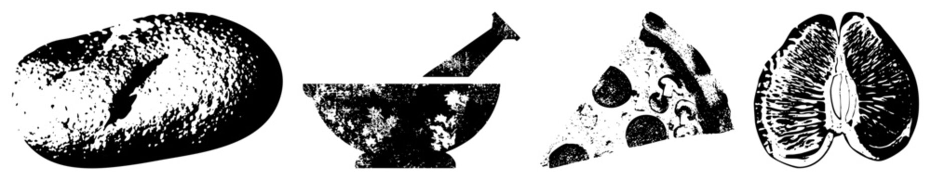 Artistic halftone representations of bread loaf, mortar and pestle, pepperoni pizza slice, and halved grapefruit all stylized as vector graphics with textured grain. Culinary symbols in.