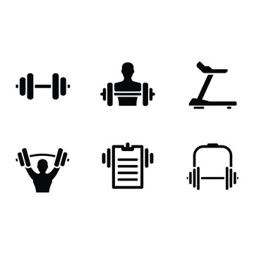 Gym equipment silhouettes, dumbbells barbell bench press treadmill cable machine, training poster, strength workshop branding, fitness club vector illustration
