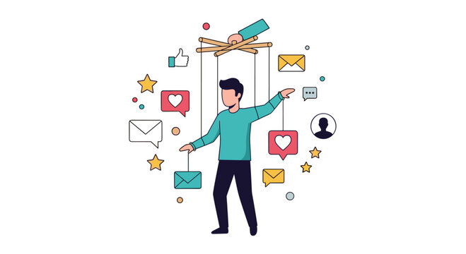 A man being controlled like a puppet by strings connected to social media icons representing manipulation and online addiction.