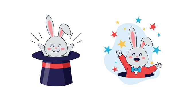 Cute cartoon rabbit magician character pops out of a top hat and a hole with stars in a charming vector illustration set.