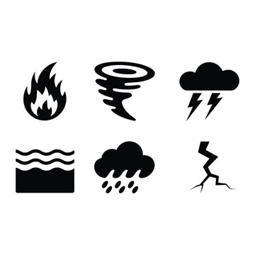 Natural hazard silhouette icons set, wildfire tornado flood lightning storm, disaster preparedness, emergency management training, awareness campaign, planning vector design