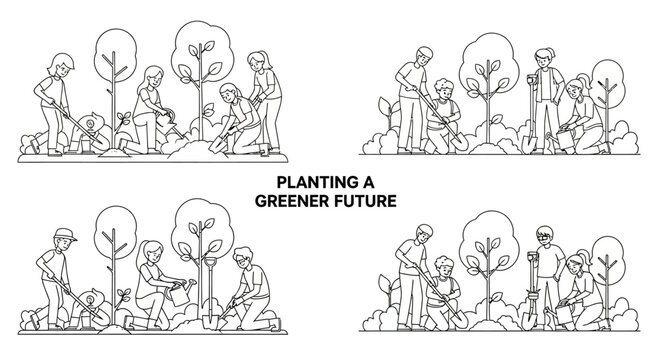 People Planting Trees and Gardening for a Greener Future Illustration Set.