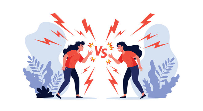 Two angry women are engaged in a heated argument with lightning bolts and a versus sign between them symbolizing conflict.