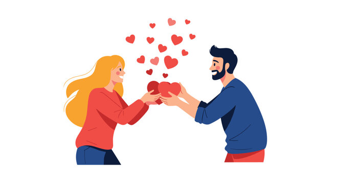 Loving couple smiling at each other while holding a large red heart together symbolizing their romance and deep connection.