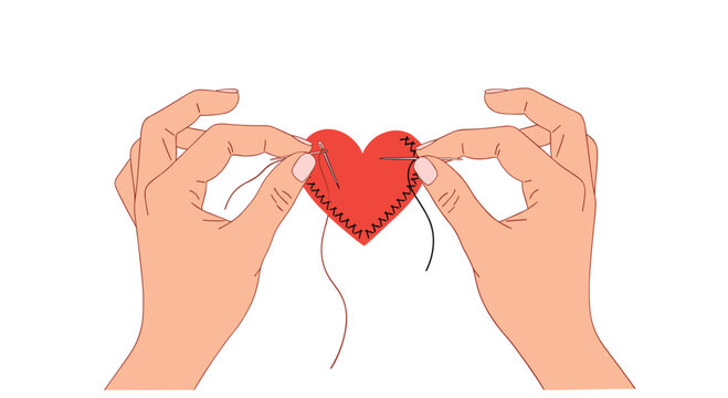Hands carefully sew a broken red heart back together with a needle and thread symbolizing healing and relationship repair.