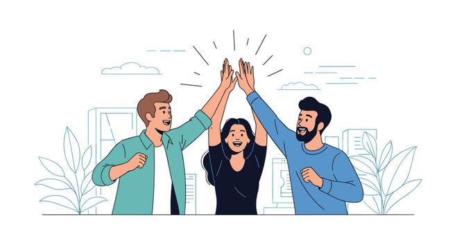 Happy friends or colleagues giving a high five to celebrate success and achievement as a unified and supportive team.
