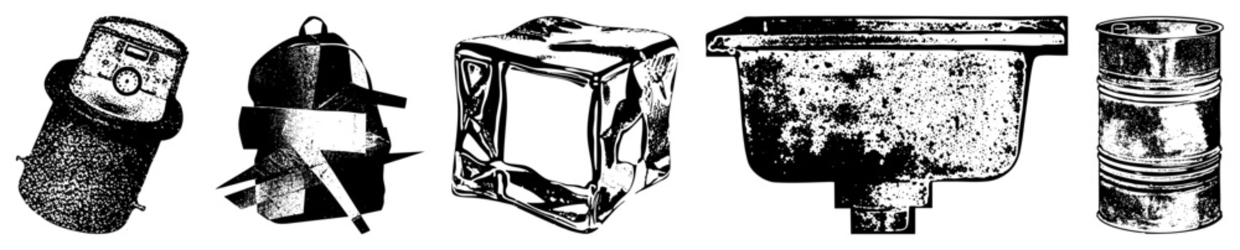 Rusted barrels, ice cubes, backpack, industrial bins halftone, high contrast, gritty. Industrial tools, utility items, stylized design.