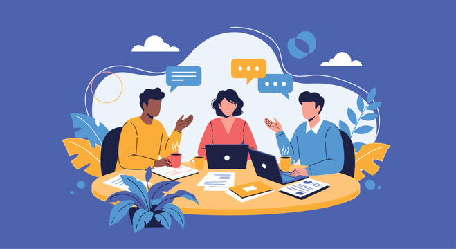 Diverse team of three people having a productive business meeting around a table with laptops, engaging in discussion and collaboration.
