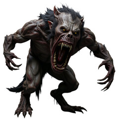 Fototapeta premium The image shows a detailed 3D illustration of a werewolf, a mythical monster that is a hybrid of a human and a wolf