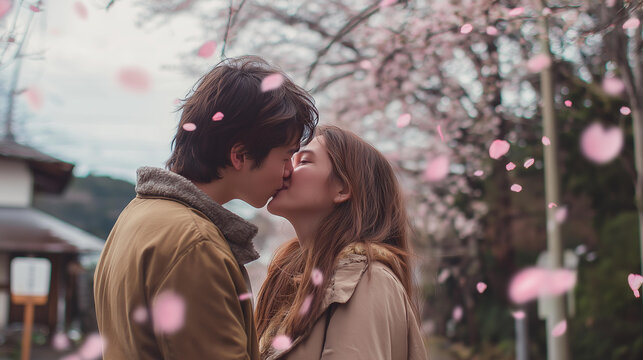 Young couple kissing under pink cherry blossoms in Kyoto during hanami season with soft petals drifting for a romantic spring sakura moment